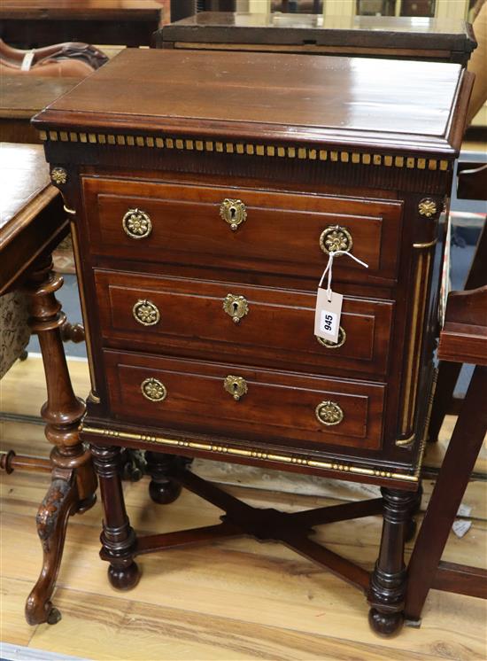 A small 19th century Continental mahogany and parcelgilt three drawer chest with X stretcher H.86cm